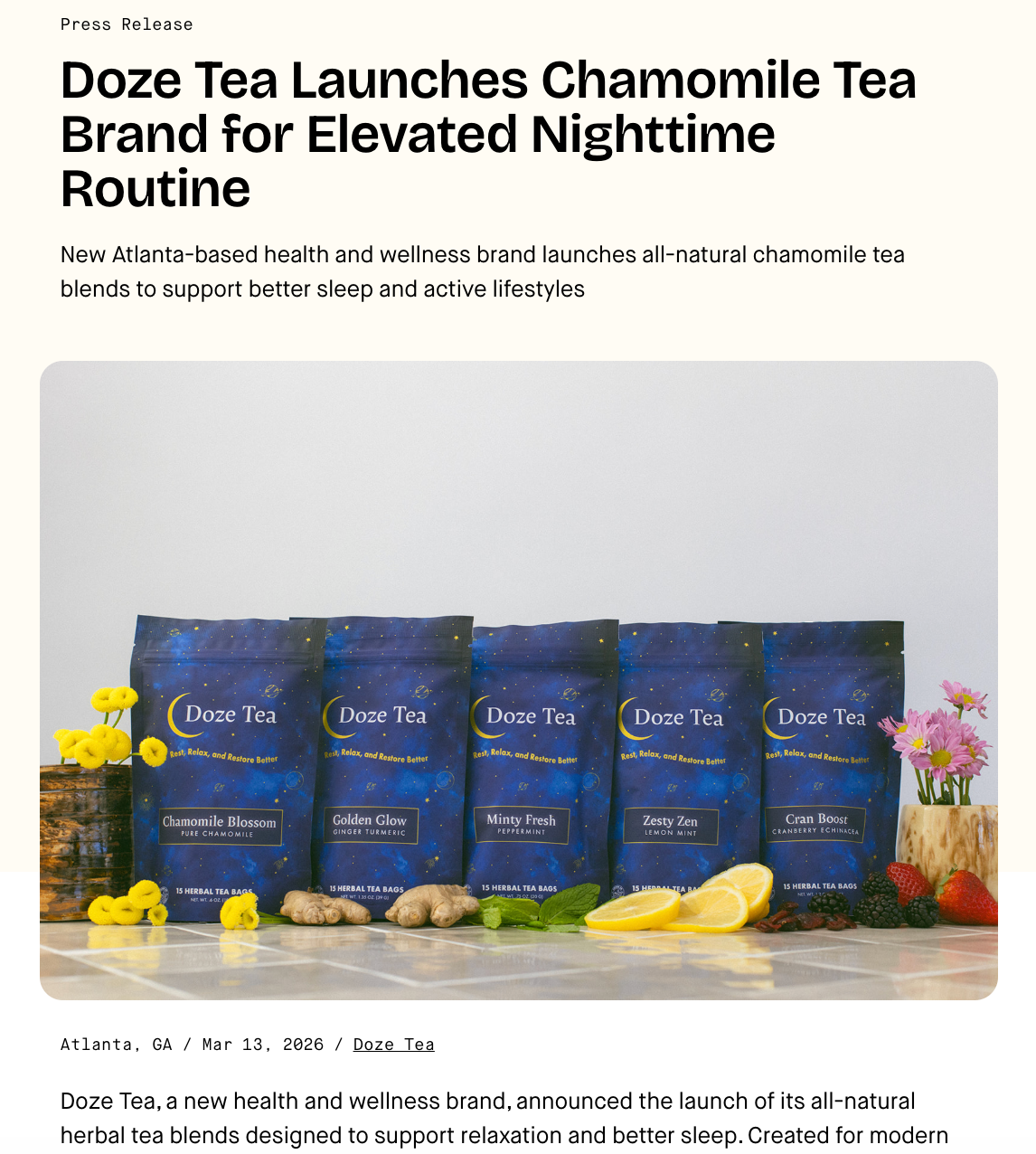 Doze Tea herbal tea featured in Fitt Insider for wellness and sleep support