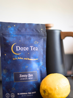 Doze Tea Zesty Zen with lemon flavor and electric kettle for calming ritual